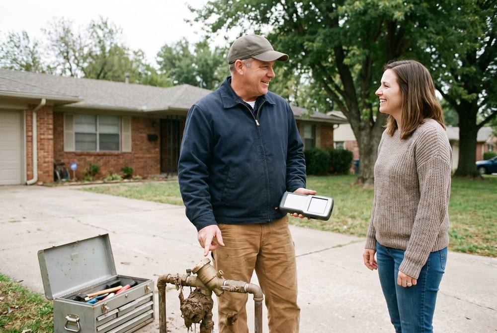 Licensed tester performing an annual backflow prevention test on a residential irrigation assembly in Broken Arrow, OK